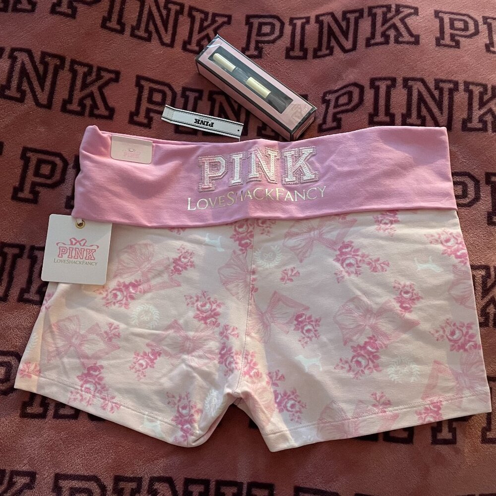 PINK x LoveShackFancy, L, Cotton Foldover Micro Shorts & Bombshell Travel Spray
